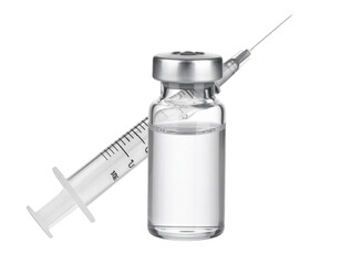 A clear glass vial filled with liquid and a syringe with a needle, positioned against a black background.