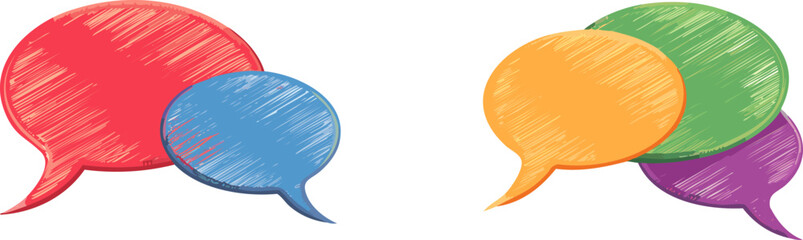 Vibrant, colorful speech bubbles representing communication and dialogue. The composition of overlapping bubbles suggests interaction and sharing of ideas