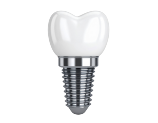 A dental implant with a white ceramic crown and metallic screw designed to replace a natural tooth.