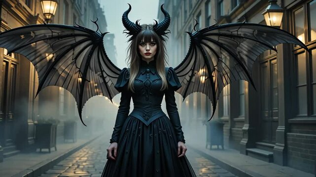 Gothic woman with black horns and wings in dark alley with fog and shadows. Concept of dark fantasy and mysticism