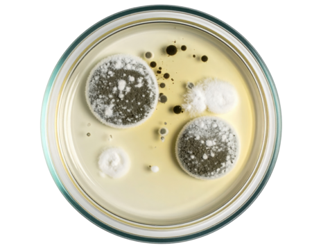 Petri dish with colonies of mold fungi exhibiting circular growths in varying sizes and textures, showing spore formation and mycelium structures on a nutrient medium.