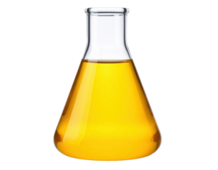 A laboratory Erlenmeyer flask filled with a yellow liquid, used for scientific experiments and chemical reactions.