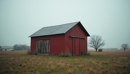 Fototapeta premium Red barn in grassy field under overcast sky. Rural scene.