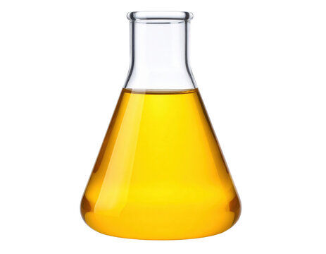 A laboratory Erlenmeyer flask filled with a yellow liquid, used for scientific experiments and chemical reactions.