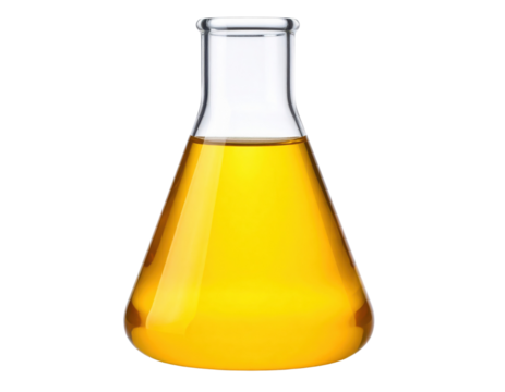 A laboratory Erlenmeyer flask filled with a yellow liquid, used for scientific experiments and chemical reactions.