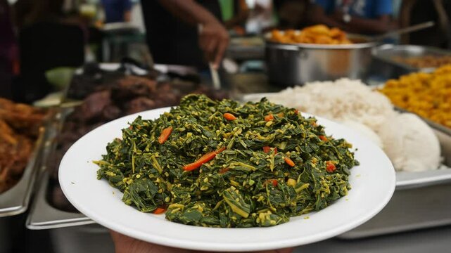 Traditional Kenyan Sukuma Wiki dish with greens and other African street food