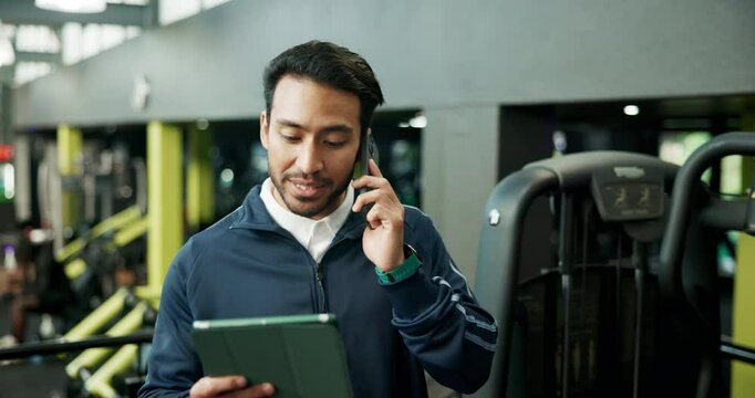 Gym manager, man or phone call with tablet for fitness membership, sign up query or customer service. Health club, employee and speaking to client for online subscription, promo and registration help - Powered by Adobe