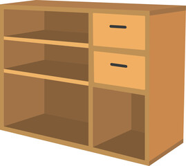 Wooden Cabinet with Drawers and Open Shelves Vector – Flat Design Storage Furniture for Home, Office, Living Room, Minimalist Wooden Sideboard, Modern Organizer, Interior Decoration Clipart