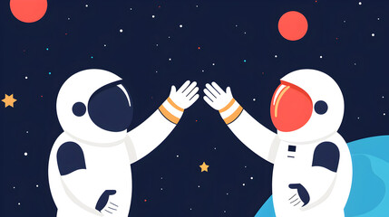 Two astronauts in space suits high-five against a starry night backdrop with planets visible.