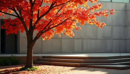 Red maple tree with fallen leaves against modern building architecture