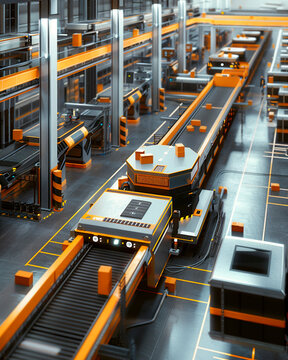 3D render of an automated warehouse with conveyor belts, robotic arms, packages and control panels, overhead view, industrial realism, vertical format for tech editorials or stock