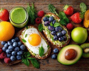 A vibrant flat lay of a healthy vegan breakfast, featuring avocado toast, fruits, and a green smoothie on a rustic wooden table.