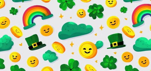 A vibrant St. Patrick's Day pattern featuring cheerful leprechauns, colorful rainbows, clovers, and smiling gold coins.