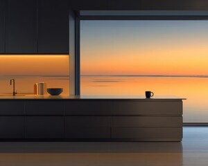 A warm-lit minimalist kitchen at sunrise, featuring a single mug on the counter, reflecting the morning sky for a peaceful start to the day.