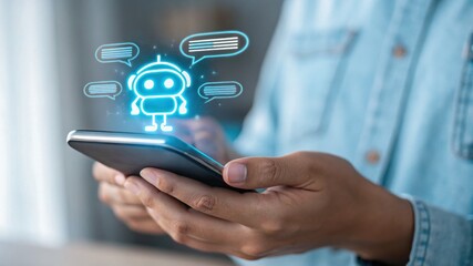 businessman using smartphone, Confident male manager browsing internet on mobile phone, Cheerful executive using AI chatbot, Manager interacting with AI chatbot, smart application in working space