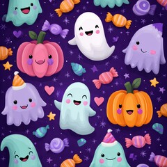 A whimsical Halloween pattern featuring cute pastel ghosts, smiling pumpkins, candy, and stars against a dreamy lavender night sky.