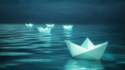 Obraz premium Glowing Paper Boats Floating on Serene Water Under Moonlight at Night