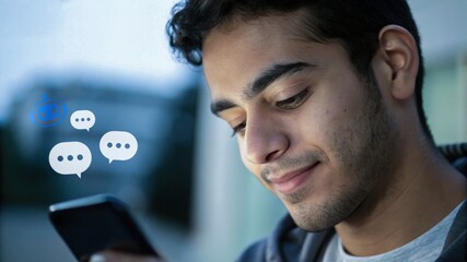 businessman using smartphone, Confident male manager browsing internet on mobile phone, Cheerful executive using AI chatbot, Manager interacting with AI chatbot, smart application in working space