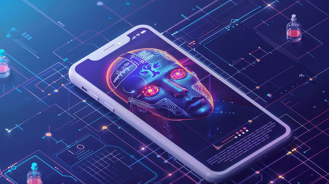 Mobile phone displaying AI virtual assistant with holographic face and digital interface surrounded by glowing data networks and technological elements - Powered by Adobe