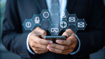 businessman using smartphone, Confident male manager browsing internet on mobile phone, Cheerful executive using AI chatbot, Manager interacting with AI chatbot, smart application in working space