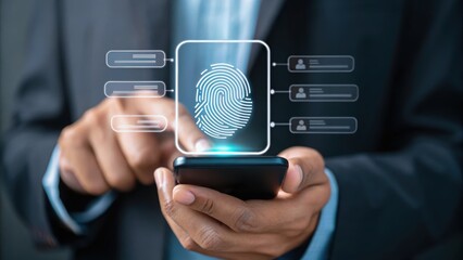 businessman using smartphone, Confident male manager browsing internet on mobile phone, Cheerful executive using AI chatbot, Manager interacting with AI chatbot, smart application in working space