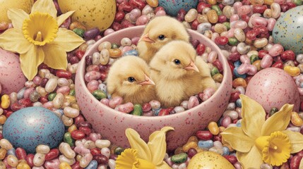Delightful scene of baby chicks hatching from pastel eggs surrounded by colorful jellybeans and blooming daffodils, celebrating spring.