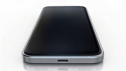 modern smartphone with black screen and metallic frame lies flat on a reflective white surface, showcasing its sleek design and USB-C charging port.