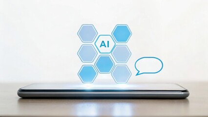 A smartphone displays a holographic AI interface with hexagonal shapes, symbolizing artificial intelligence and futuristic technology.