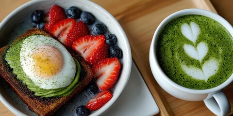 Experience a picturesque breakfast setting featuring colorful smoothie bowl, avocado toast, and matcha artfully arranged with natural textures.