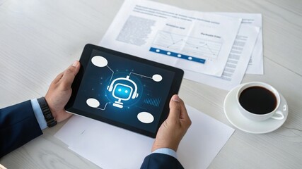 Confident male manager browsing internet on tablet, Cheerful executive using AI chatbot, businessman using tablet, Manager interacting with AI chatbot, smart application in working space