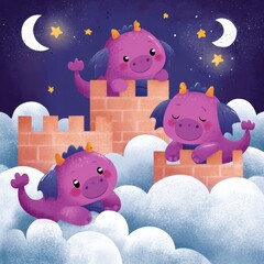 Whimsical pastel clouds resembling castles, with baby dragons resting on turrets under twinkling stars and moons.