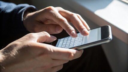 businessman using smartphone, Confident male manager browsing internet on mobile phone, Cheerful executive using AI chatbot, Manager interacting with AI chatbot, smart application in working space
