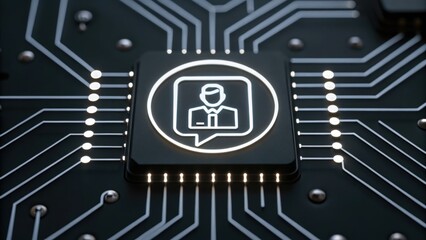 A microchip features a glowing icon of a person in a speech bubble, symbolizing digital communication and AI integration.