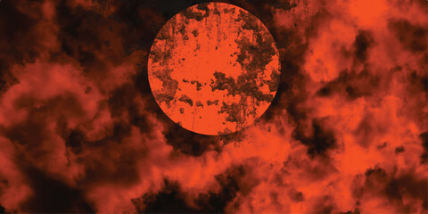 A mystical and eerie illustration of a glowing orb in a fiery sky amidst abstract crimson hues and atmospheric cloud formations