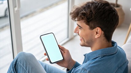 Confident male manager browsing internet on mobile phone, Cheerful executive using AI chatbot, businessman using smartphone, Manager interacting with AI chatbot, smart application in working space