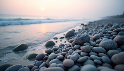 Obraz premium Rocky beach at sunrise with calm ocean waves and fog in background