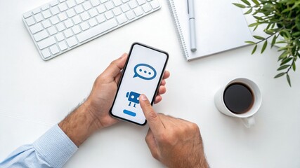 Confident male manager browsing internet on mobile phone, Cheerful executive using AI chatbot, businessman using smartphone, Manager interacting with AI chatbot, smart application in working space