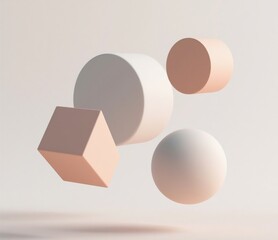 Generative ai image of 3D geometric shapes floating on light background, soft shadows
