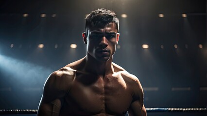 "Intense Male Boxer in Ring Under Spotlight – Grit and Power"