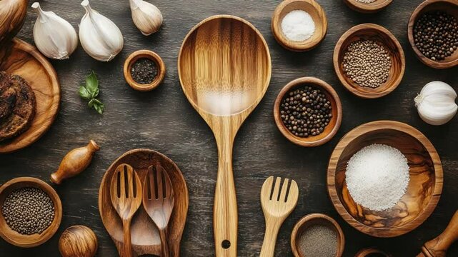 Wooden kitchenware and spices arranged on a dark wooden surface
