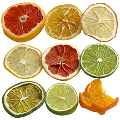 Fototapeta premium Colorful citrus fruit slices arranged neatly isolated on transparent background