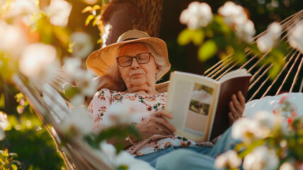Realistic photo of an elderly woman relaxing in a garden hammock while reading a book, surrounded by blooming flowers, warm sunlight on her skin, glasses and straw hat, quiet and joyful summer moment