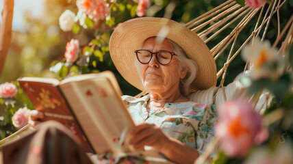 
Realistic photo of an elderly woman relaxing in a garden hammock while reading a book, surrounded by blooming flowers, warm sunlight on her skin, glasses and straw hat, quiet and joyful summer moment