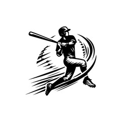 Fototapeta premium Dynamic baseball hitter silhouette logo with powerful swing and motion blur effect in bold monochrome vector illustration