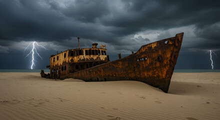 Rusty Shipwreck Under a Dramatic Storm