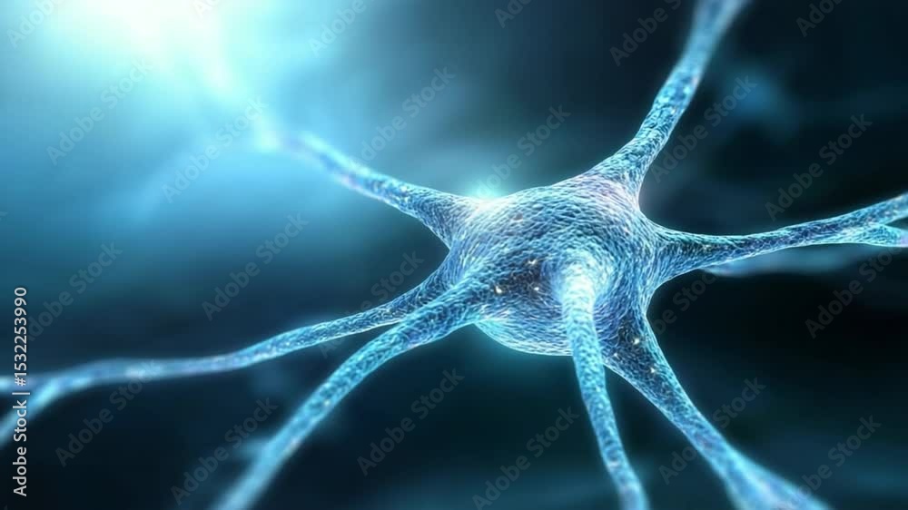 Poster Intricate Neuron in Focus: A captivating macro perspective showcases a vibrant, intricately detailed neuron, pulsating with life against a soft, ethereal background.