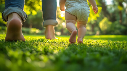 close-up view of a baby taking first steps on green grass in a sunny park.
