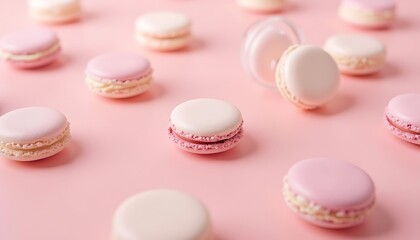Obraz premium Scattered pink and white macarons on a solid pink background, food photography.