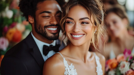 moment of diverse and different ethnicities couple in wedding.