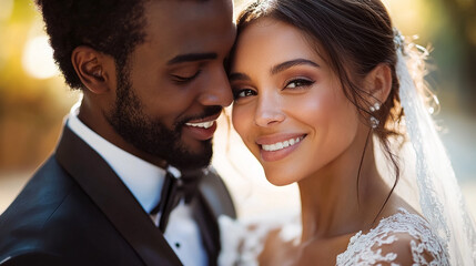 moment of diverse and different ethnicities couple in wedding.
